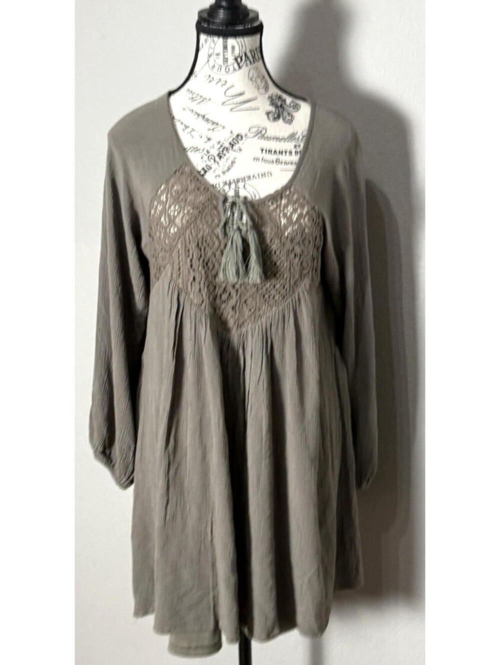 Boho Crochet Lace Mini Dress Tunic Taupe Olive Green Tassel Tie Bell Sleeve SZ L